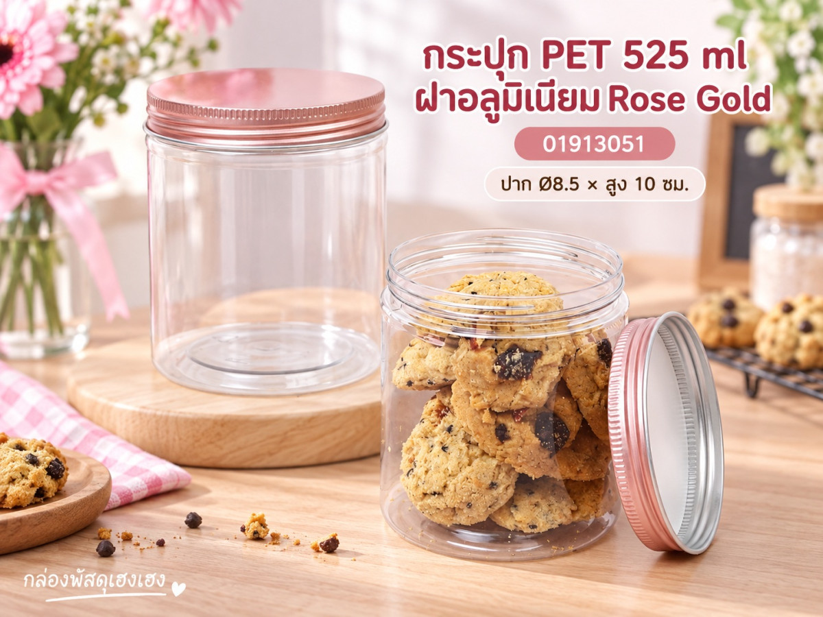 กระปุก PET 525 ml ฝาอลูมิเนียม Rose Gold 8.5x8.5x10 ซม.