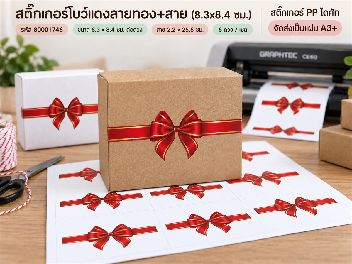 สติ๊กเกอร์โบว์แดงลายทอง+สาย (8.3x8.4 ซม.) - 6 ดวง