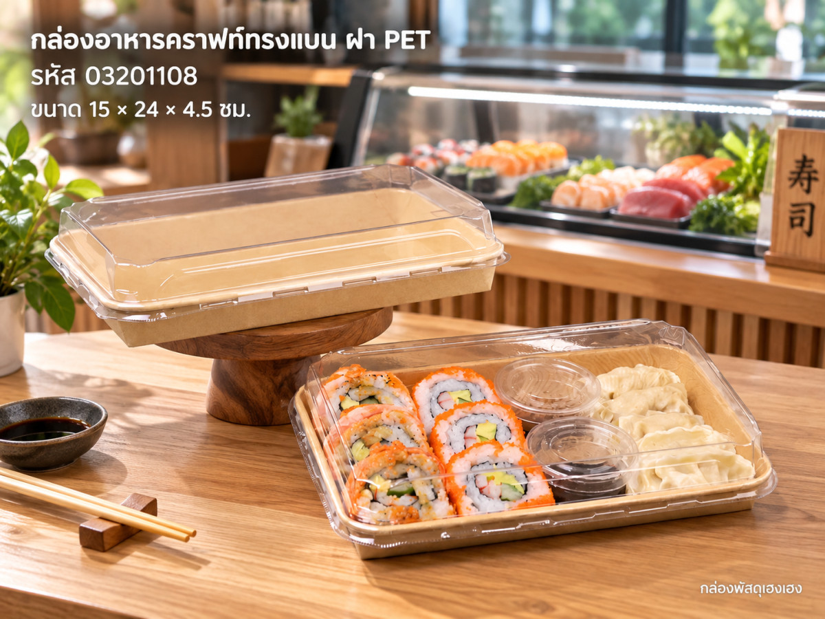 กล่องอาหารคราฟท์ทรงแบน พร้อมฝาพลาสติกPET ขนาด 15.0 x 24.0 x 4.5 ซม.