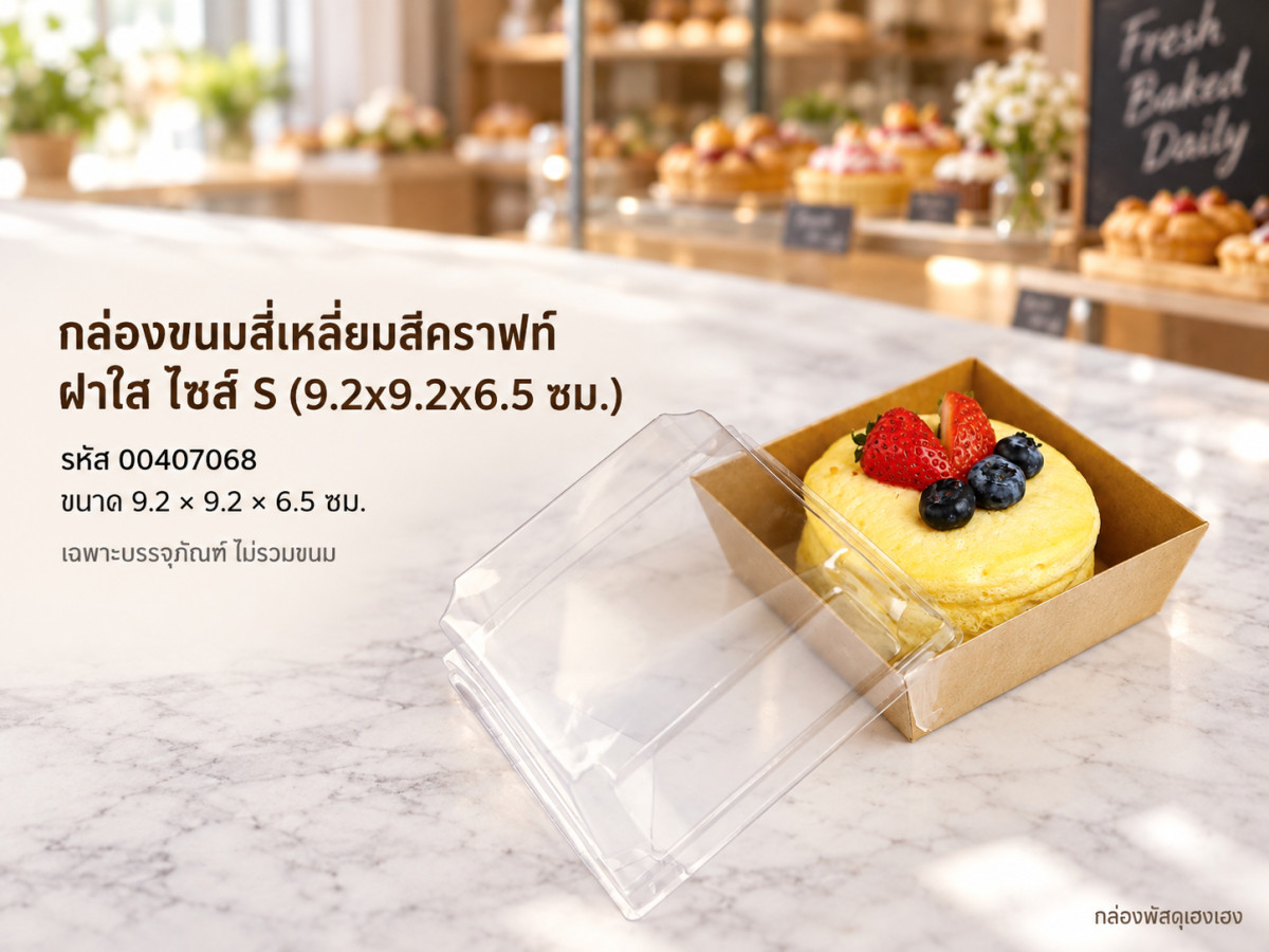 กล่องขนมสี่เหลี่ยมสีคราฟท์ ฝาใส ไซส์ S (9.2x9.2x6.5 ซม.)