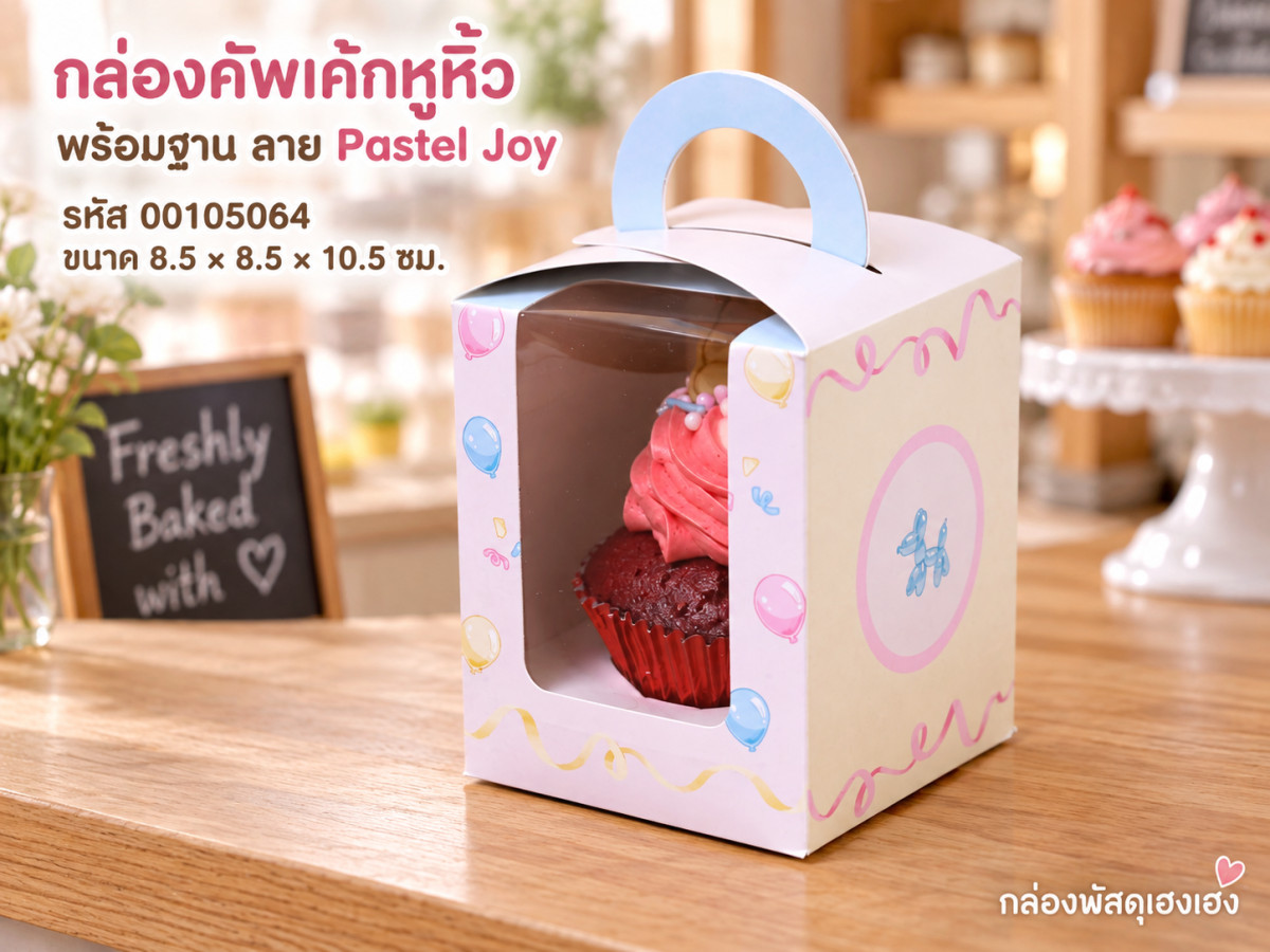 กล่องคัพเค้ก 1 ชิ้นหูหิ้ว หน้าต่างวีเชฟ พร้อมฐาน ลาย Pastel Joy. ขนาด 8.5x8.5x10.5 ซม.