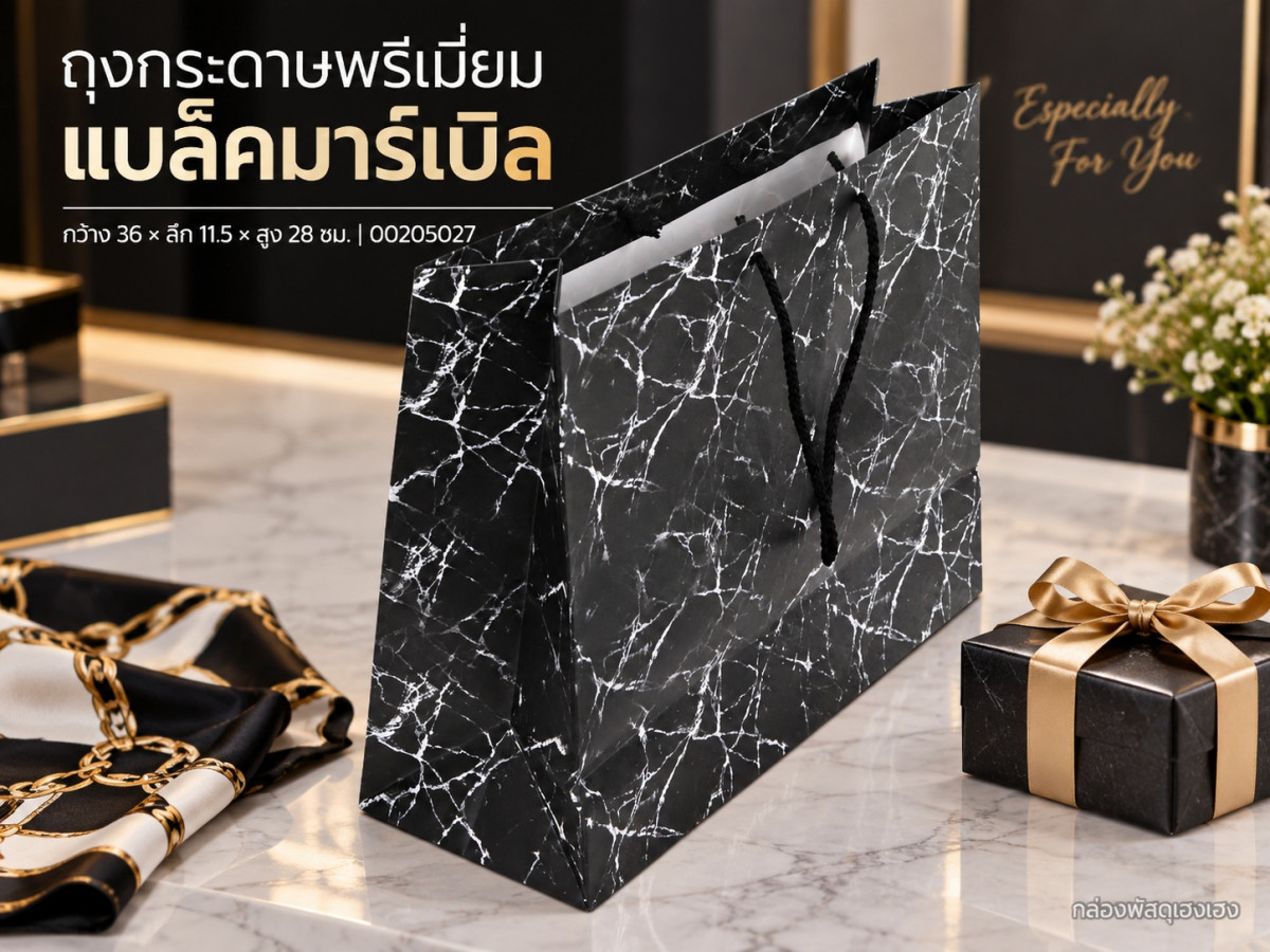ถุงกระดาษพรีเมี่ยม แบล็คมาร์เบิล 36x11.5x28 ซม.