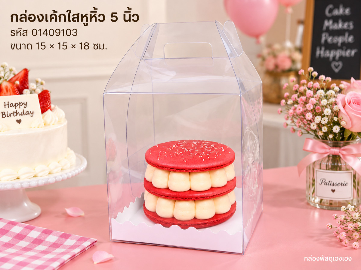 กล่องเค้กพลาสติกใสหูหิ้ว ทรงสูง ขนาด 5 นิ้ว (15x15x18 ซม.)
