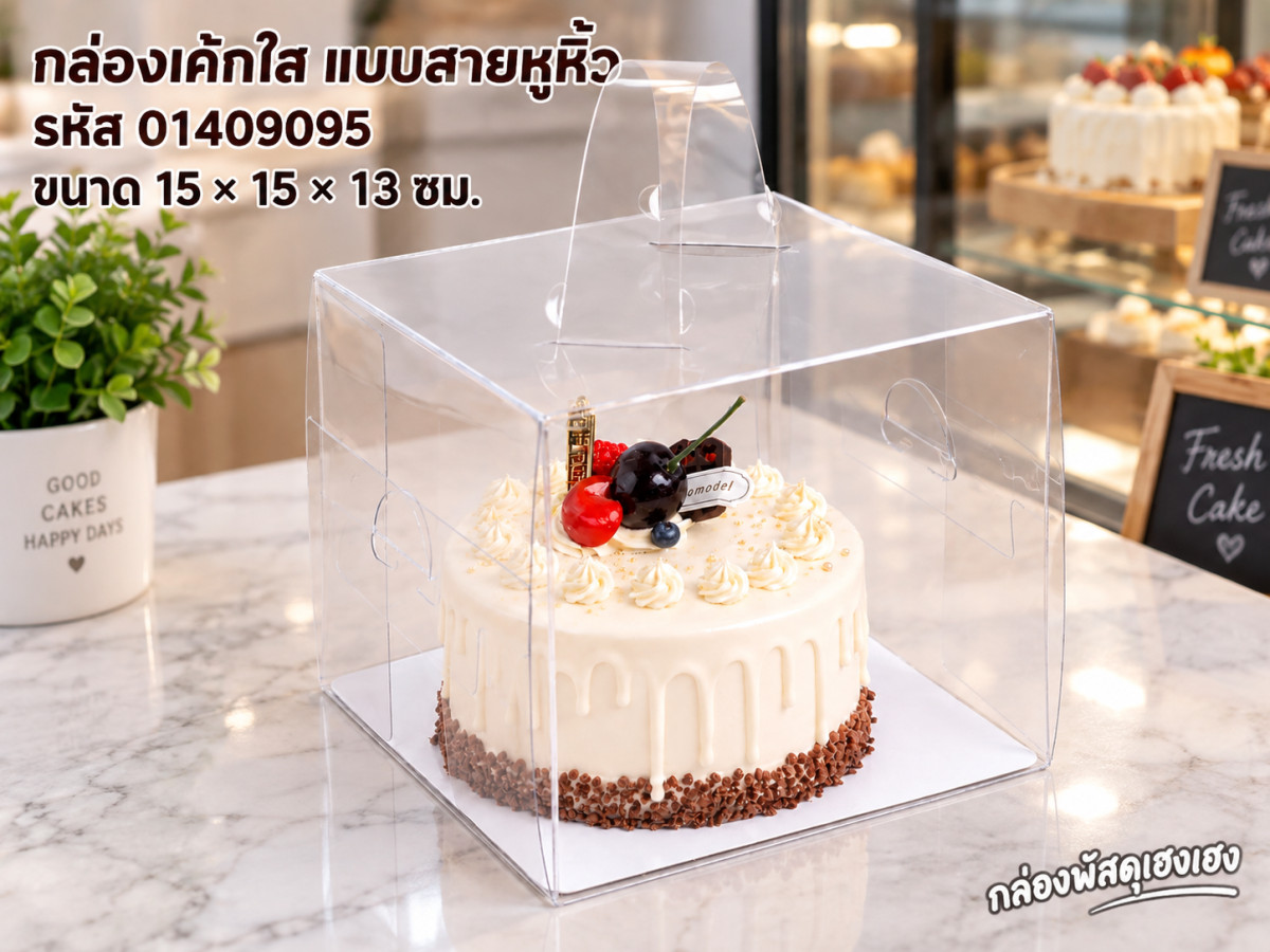 กล่องเค้กพลาสติก แบบสายหูหิ้ว ขนาด 15x15x13 ซม.