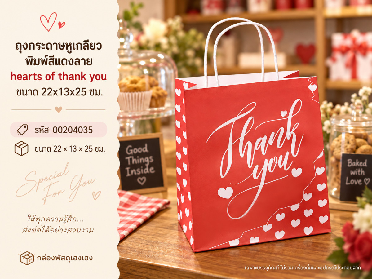 ถุงกระดาษหูเกลียว พิมพ์สีแดงลาย hearts of thank you ขนาด 22x13x25 ซม.