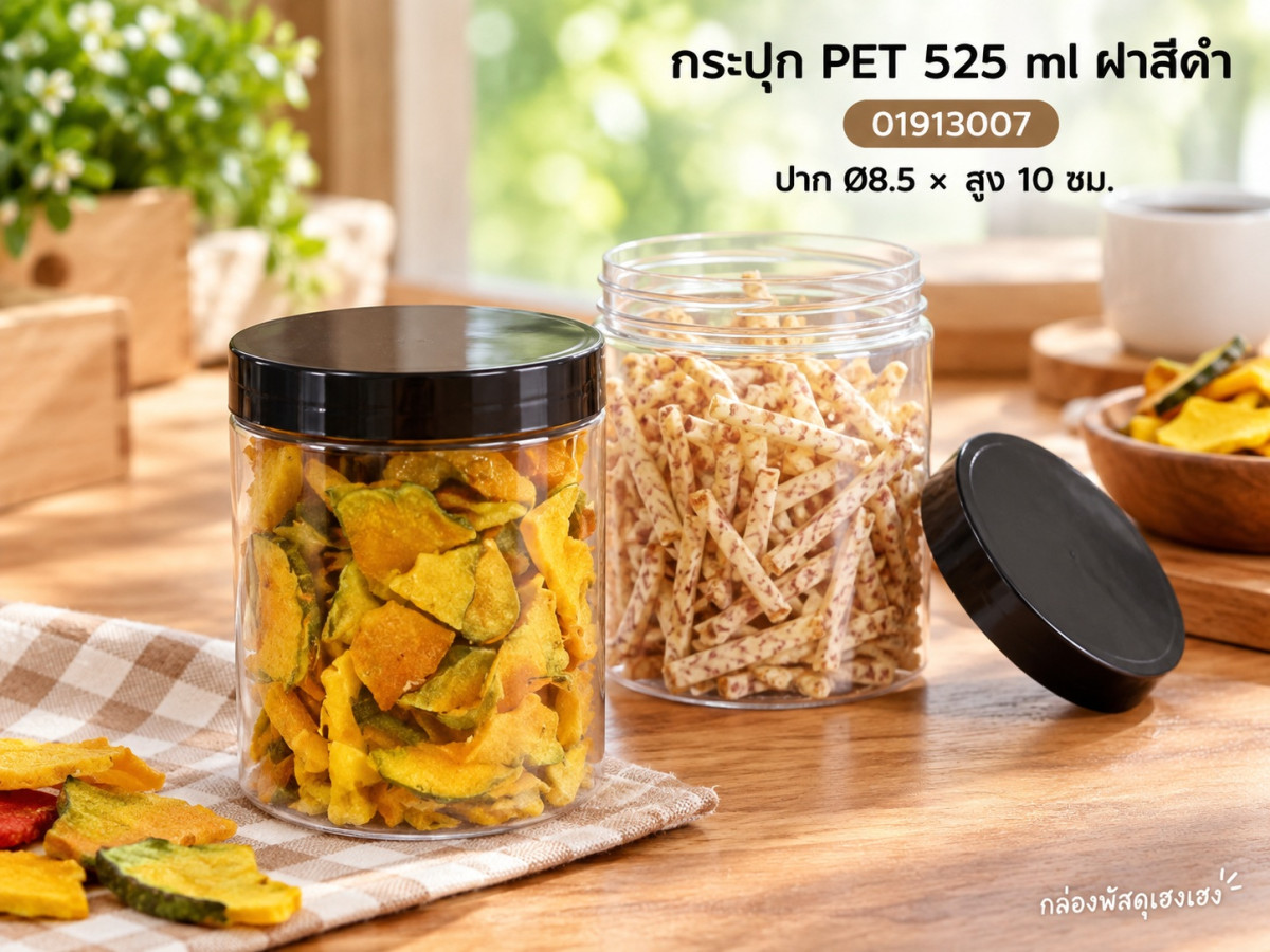 กระปุก PET 525 ml ฝาสีดำ 8.5x8.5x10 ซม.