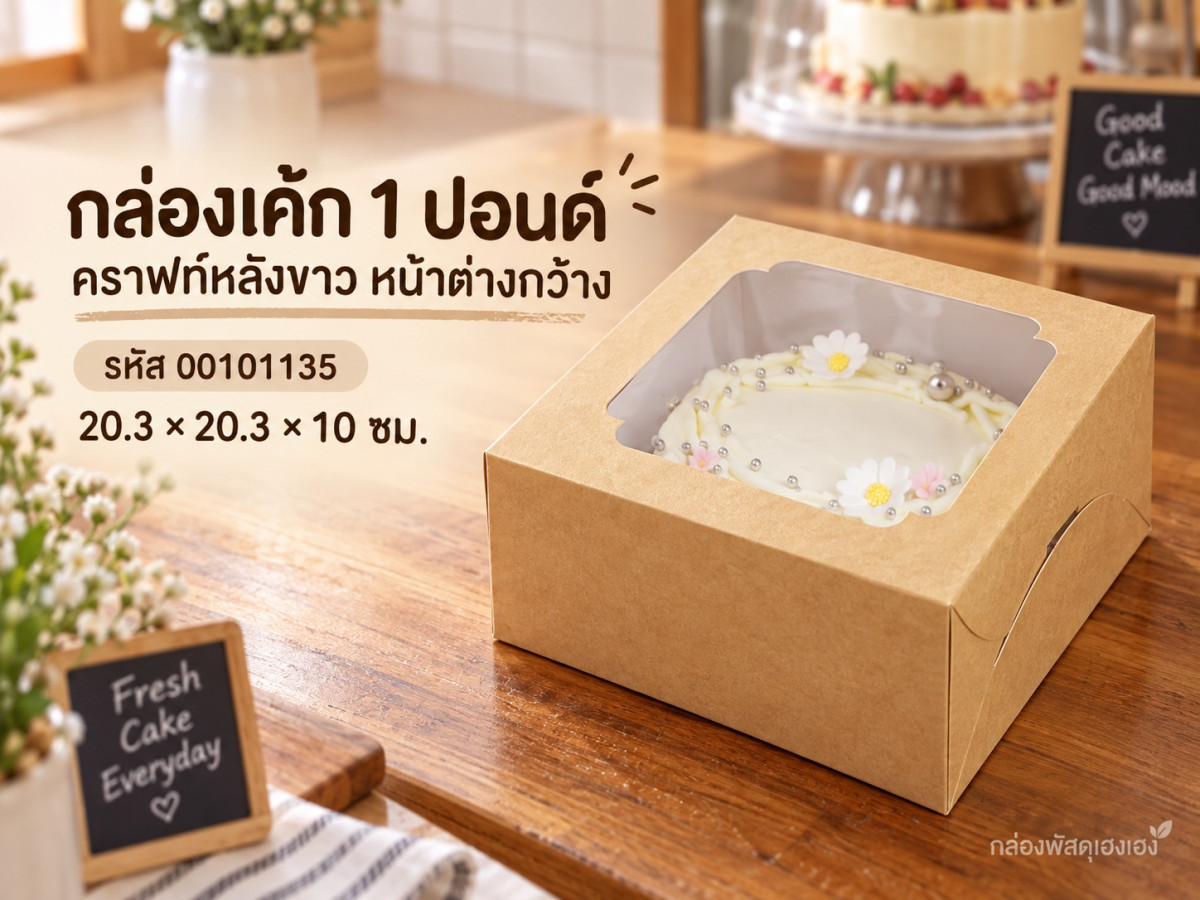 กล่องเค้ก 1 ปอนด์ คราฟท์หลังขาว หน้าต่างกว้าง 20.3x20.3x10 ซม.