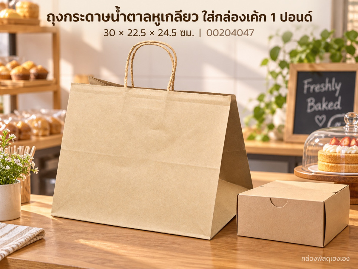 ถุงกระดาษน้ำตาลหูเกลียว ใส่กล่องเค้ก 1 ปอนด์ 30x22.5x24.5 ซม.