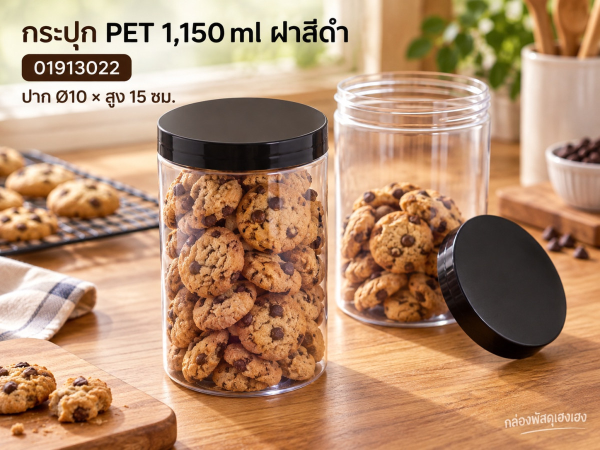 กระปุก PET 1150 ml ฝาสีดำ 10x10x15 ซม.