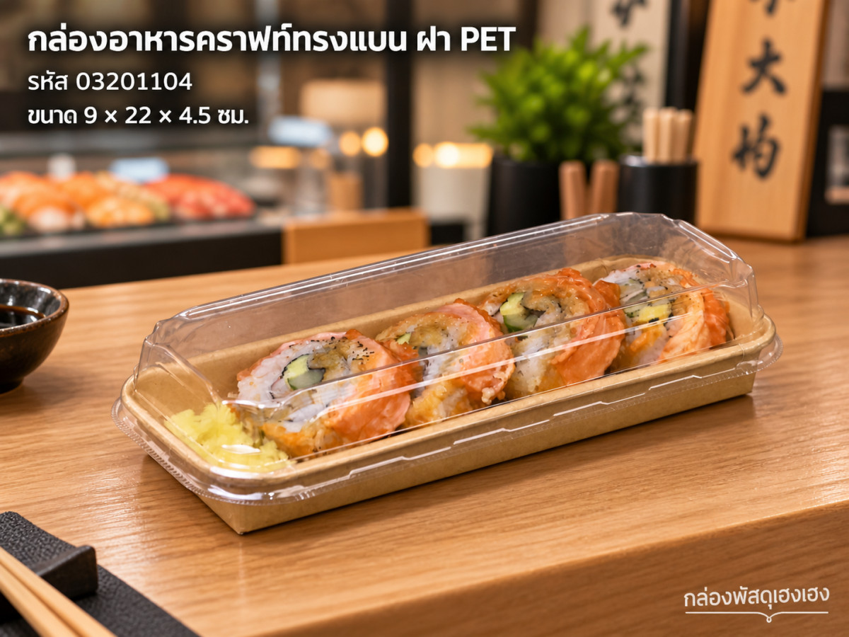 กล่องอาหารคราฟท์ทรงแบน พร้อมฝาพลาสติกPET ขนาด 9.0 x 22.0 x 4.5 ซม.