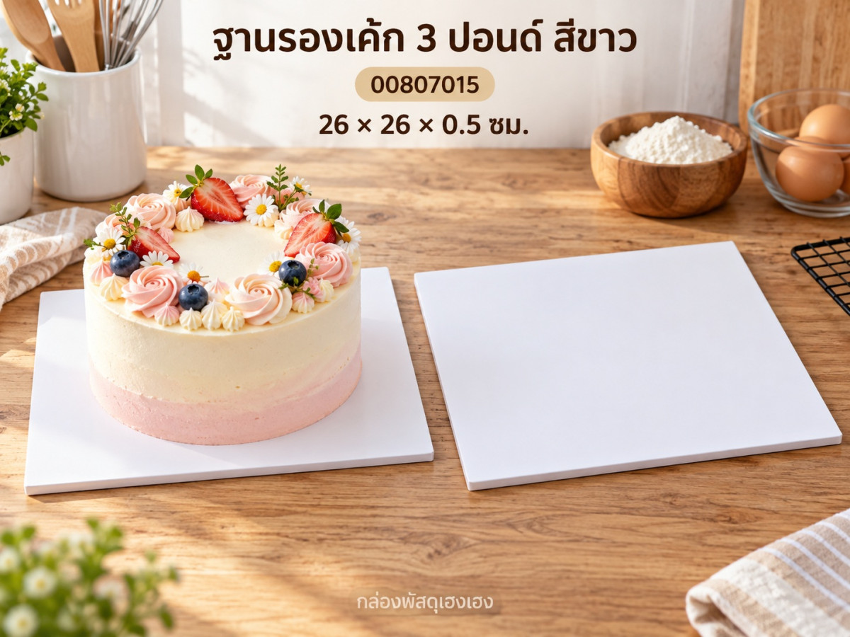 ฐานรองเค้ก 3 ปอนด์ แบบหนา สีขาว 26x26x0.5 ซม.