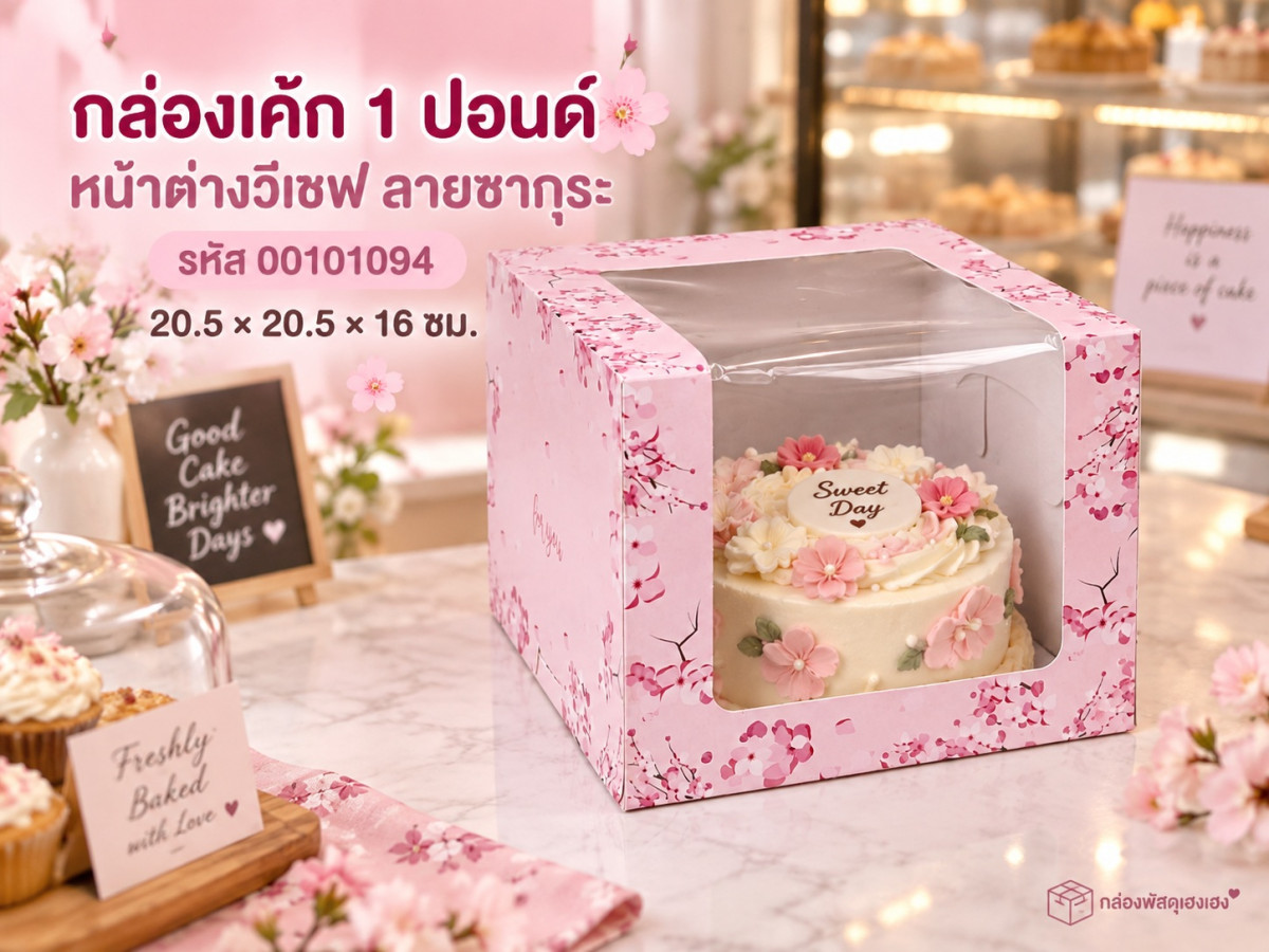 กล่องเค้ก 1 ปอนด์ หน้าต่างวีเชฟ ลายซากุระ 20.5x20.5x16 ซม.