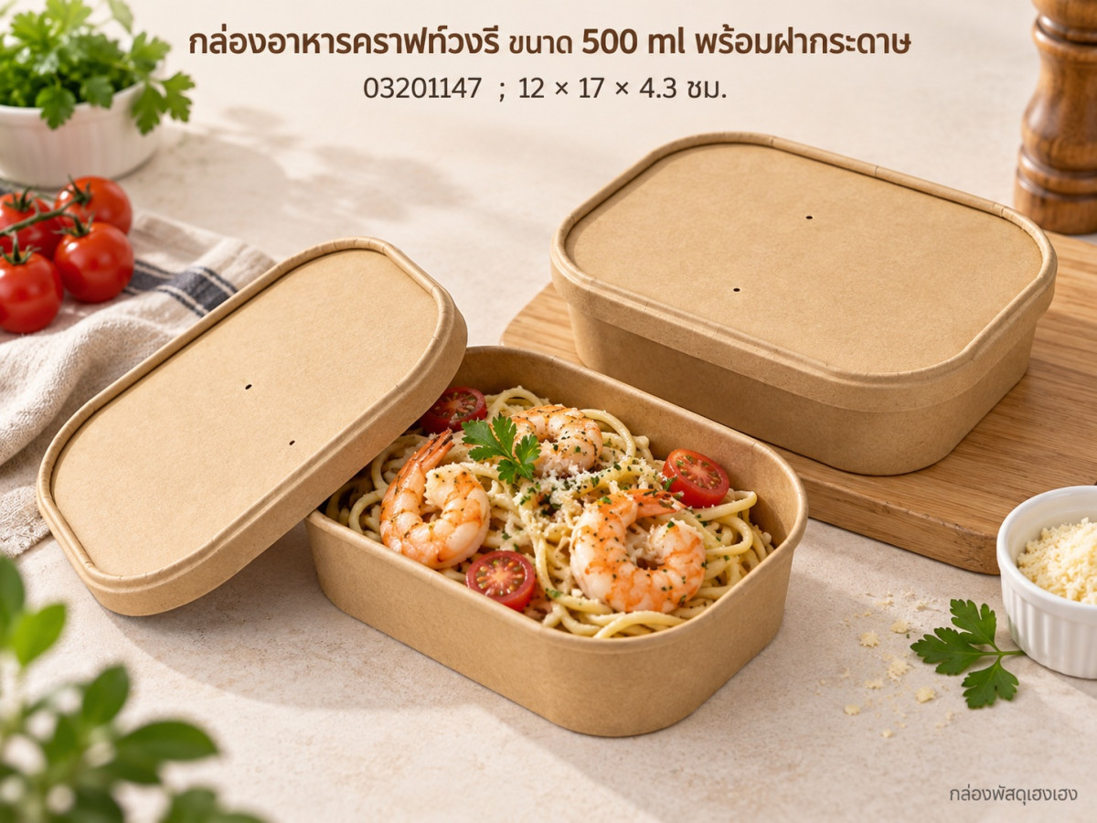 กล่องอาหารคราฟท์วงรี ขนาด 500 ml พร้อมฝากระดาษ 12x17x4.3 ซม.