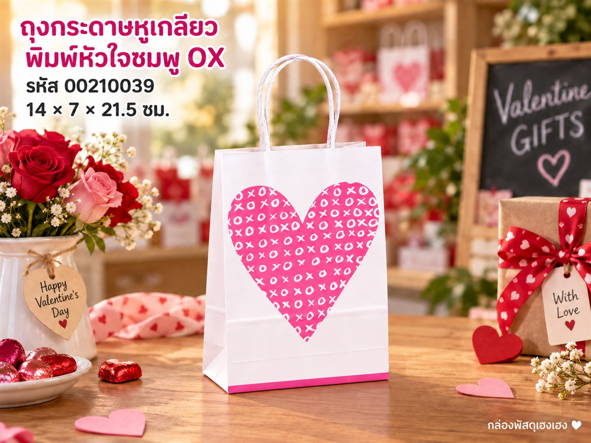 ถุงกระดาษหูเกลียวสีขาว พิมพ์หัวใจชมพูOX 14x7X21.50 ซม.
