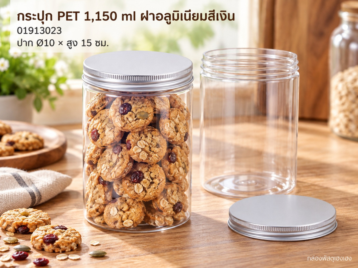 กระปุก PET 1150 ml ฝาอลูมิเนียมสีเงิน 10x10x15 ซม.