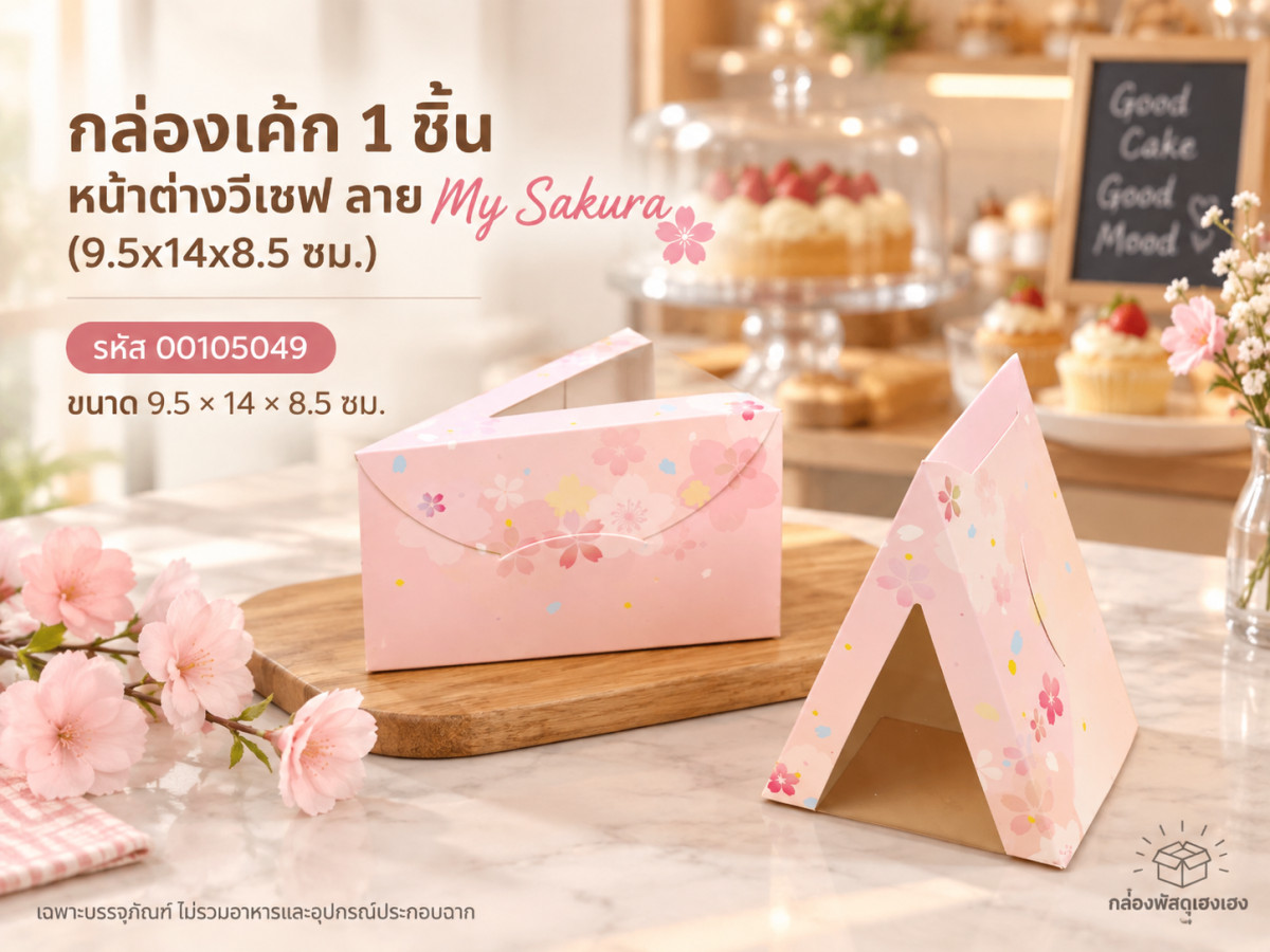 กล่องเค้ก 1 ชิ้น หน้าต่างวีเชฟ ลาย My Sakura (9.5x14x8.5 ซม.)