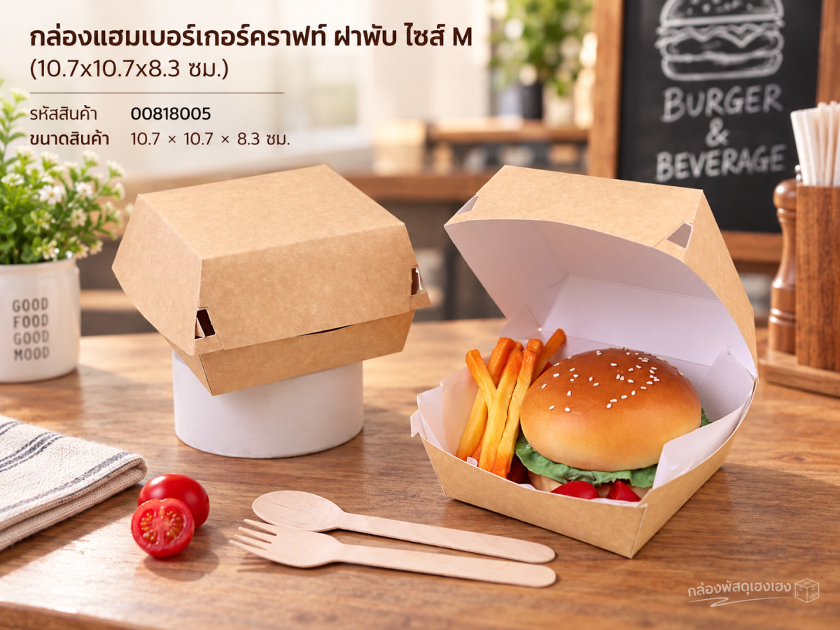 กล่องแฮมเบอร์เกอร์คราฟท์ ฝาพับ ไซส์ M (10.7x10.7x8.3 ซม.)