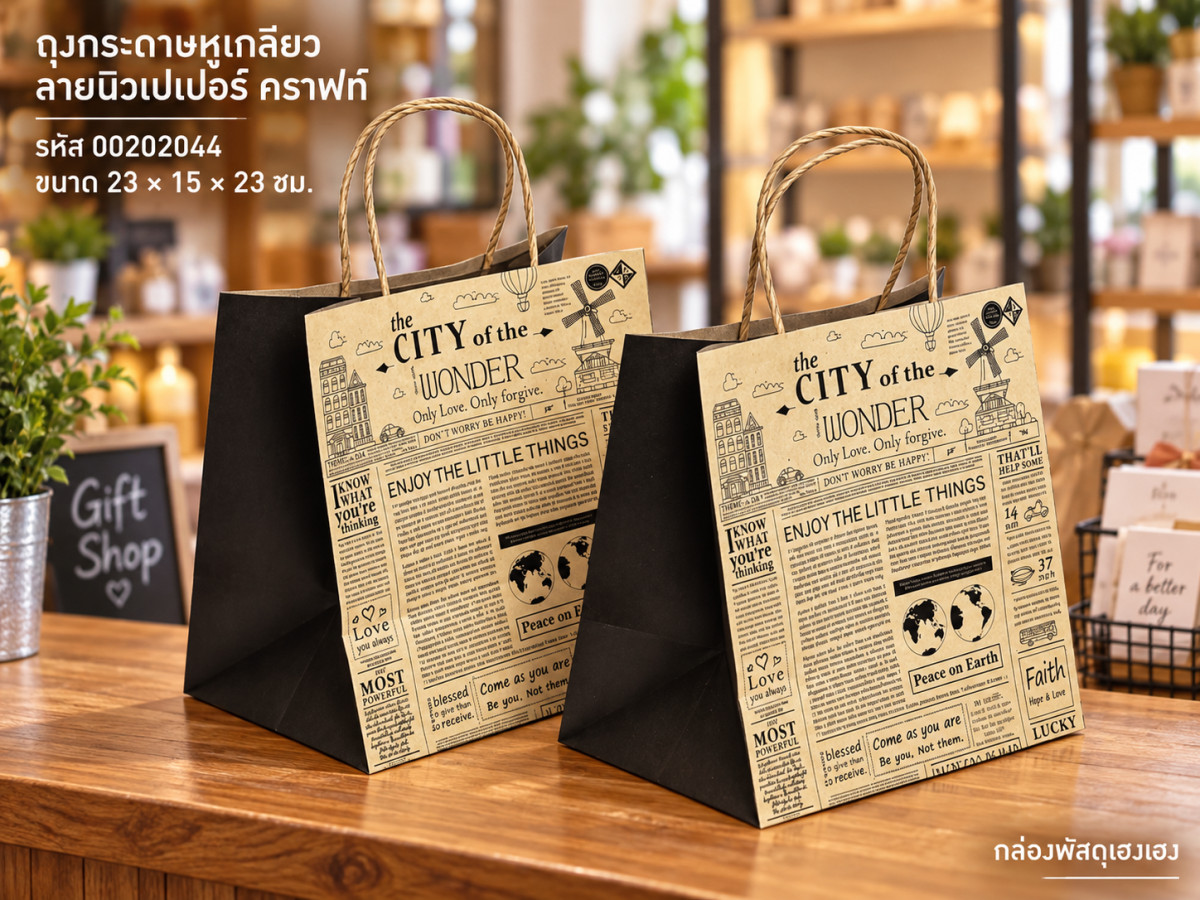 ถุงกระดาษหูเกลียว ลายนิวเปเปอร์ คราฟท์ 23x15x23 ซม.
