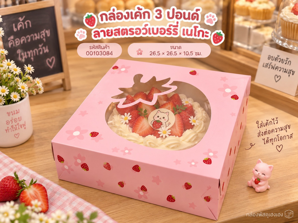 กล่องเค้ก 3 ปอนด์ ลายสตรอว์เบอร์รี่ เนโกะ 26.5x26.5x10.5 ซม.
