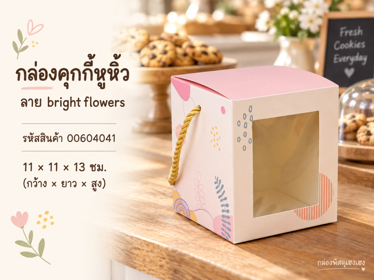 กล่องคุกกี้หูหิ้ว ลาย bright flowers 11x11x13 ซม.