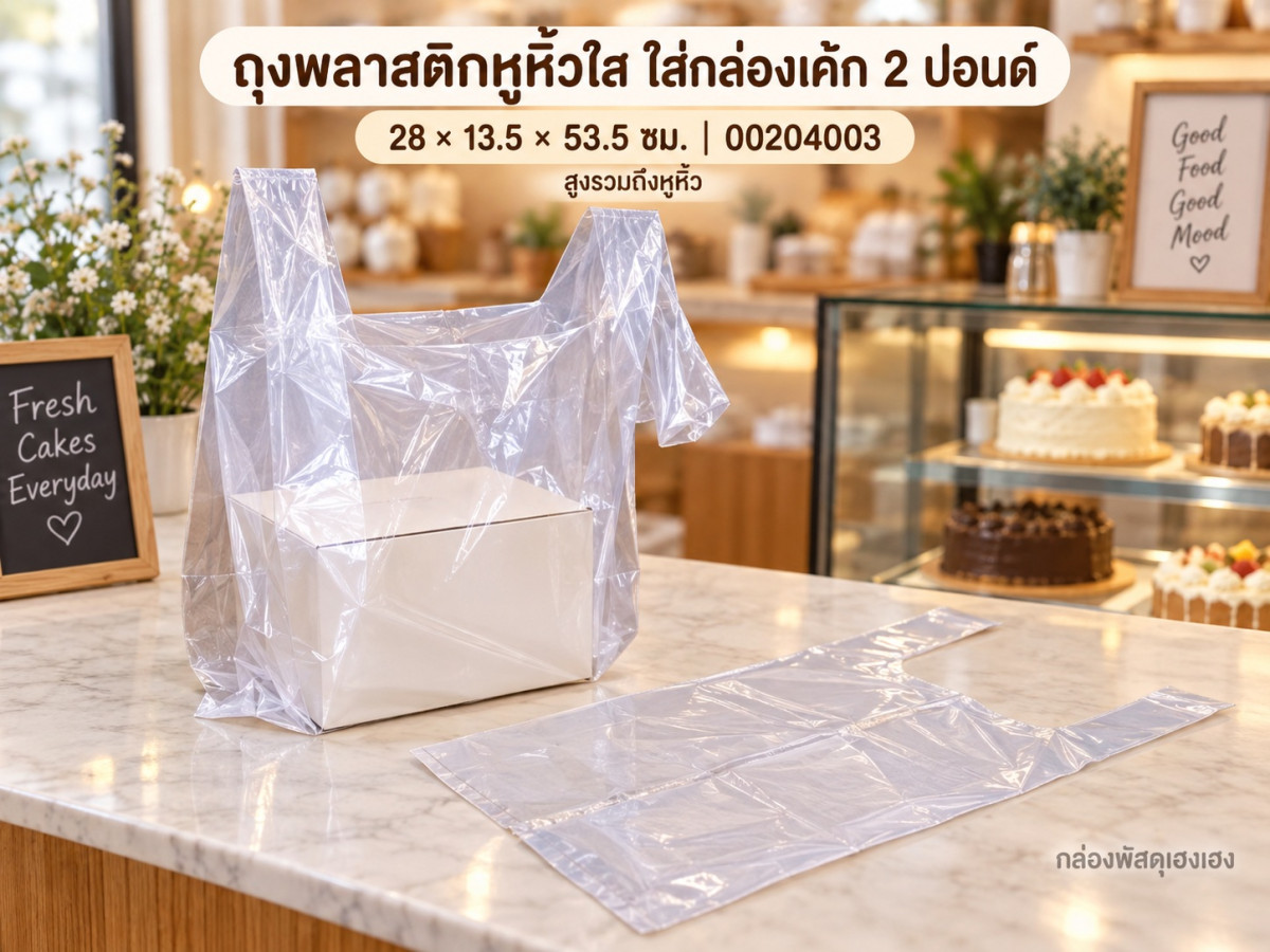 ถุงพลาสติกหูหิ้วใส ใส่กล่องเค้ก 2 ปอนด์ 28x13.5x53.5 ซม.