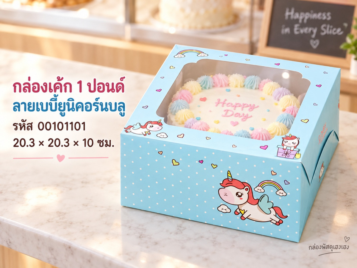 กล่องเค้ก 1 ปอนด์ ลายเบบี้ยูนิคอร์นบลู 20.3x20.3x10 ซม.