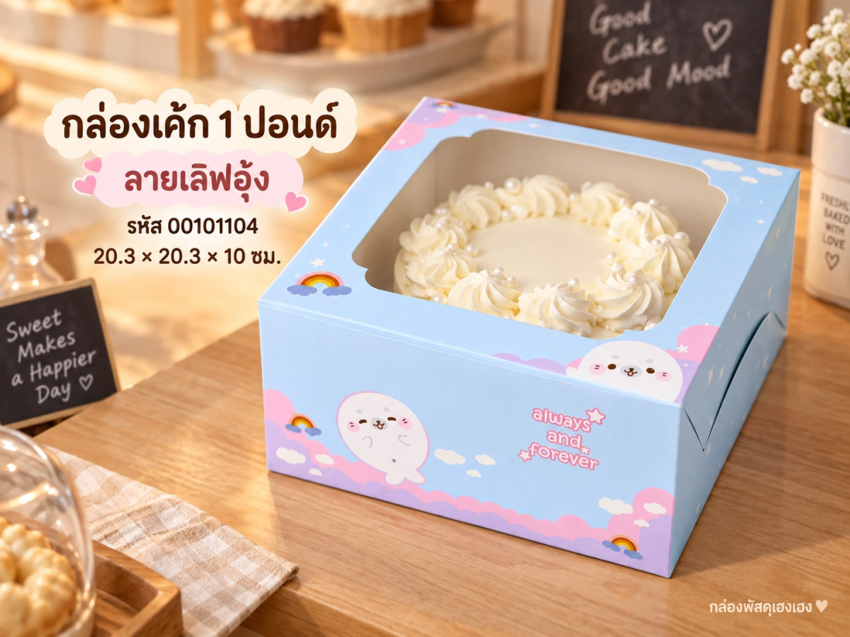กล่องเค้ก 1 ปอนด์ ลายเลิฟอุ๋ง 20.3x20.3x10 ซม.
