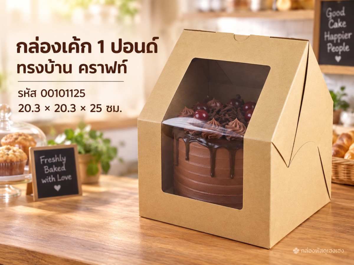 กล่องเค้ก 1 ปอนด์ ทรงบ้าน คราฟท์ 20.3x20.3x25 ซม.