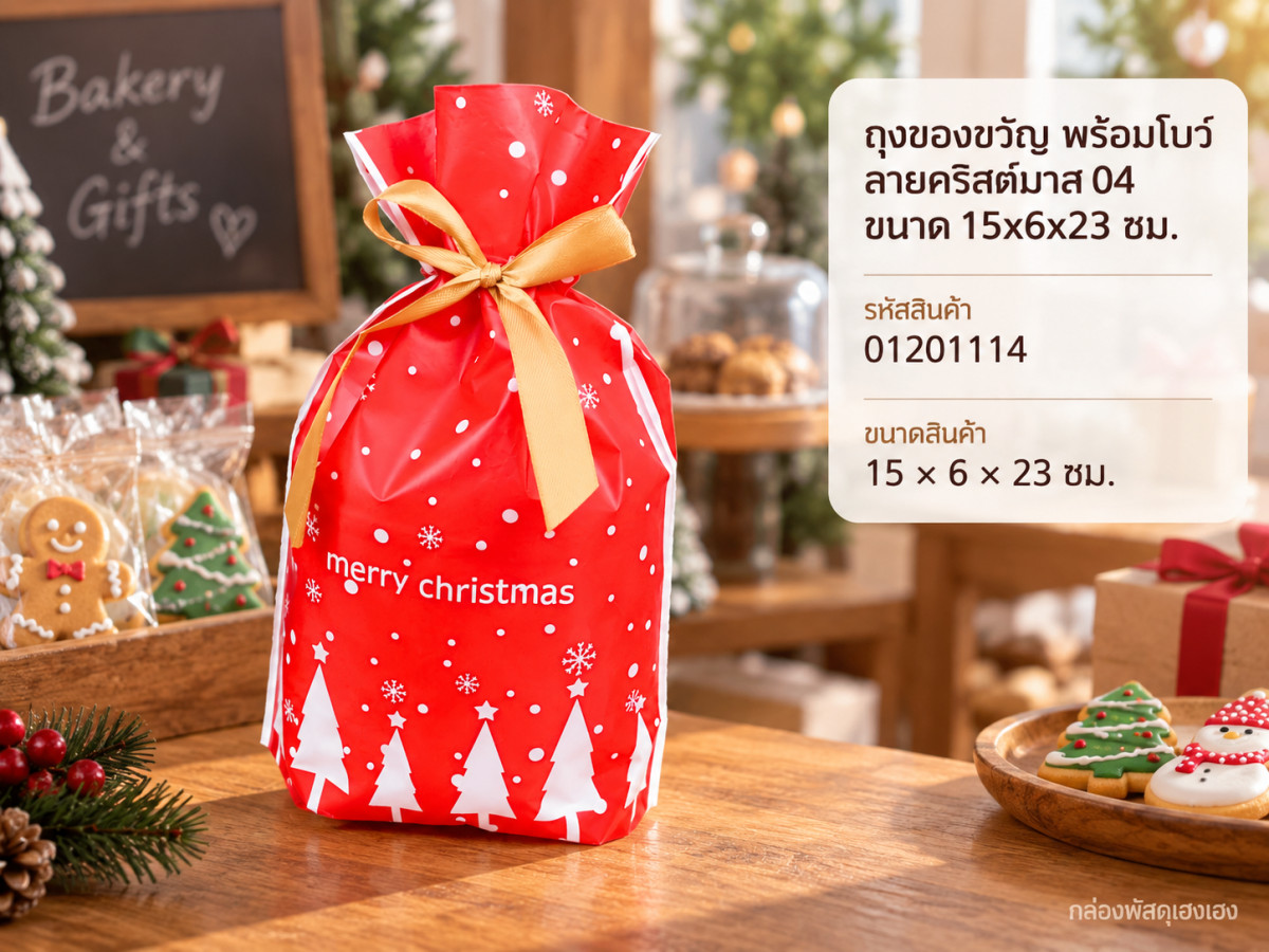 ถุงของขวัญ พร้อมโบว์ ลายคริสต์มาส 04 ขนาด 15x6x23 ซม.