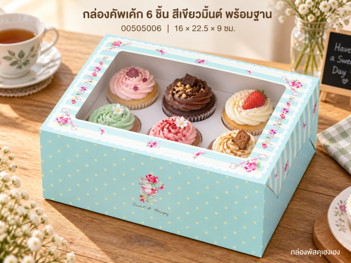 กล่องคัพเค้ก 6 ชิ้น พร้อมฐาน สีเขียวมิ้นต์ 16x22.5x9 ซม.