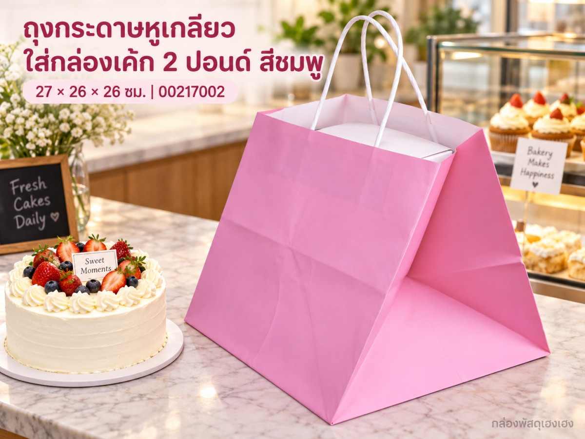 ถุงกระดาษหูเกลียว ใส่กล่องเค้ก 2 ปอนด์ สีชมพู 27x26x26 ซม.