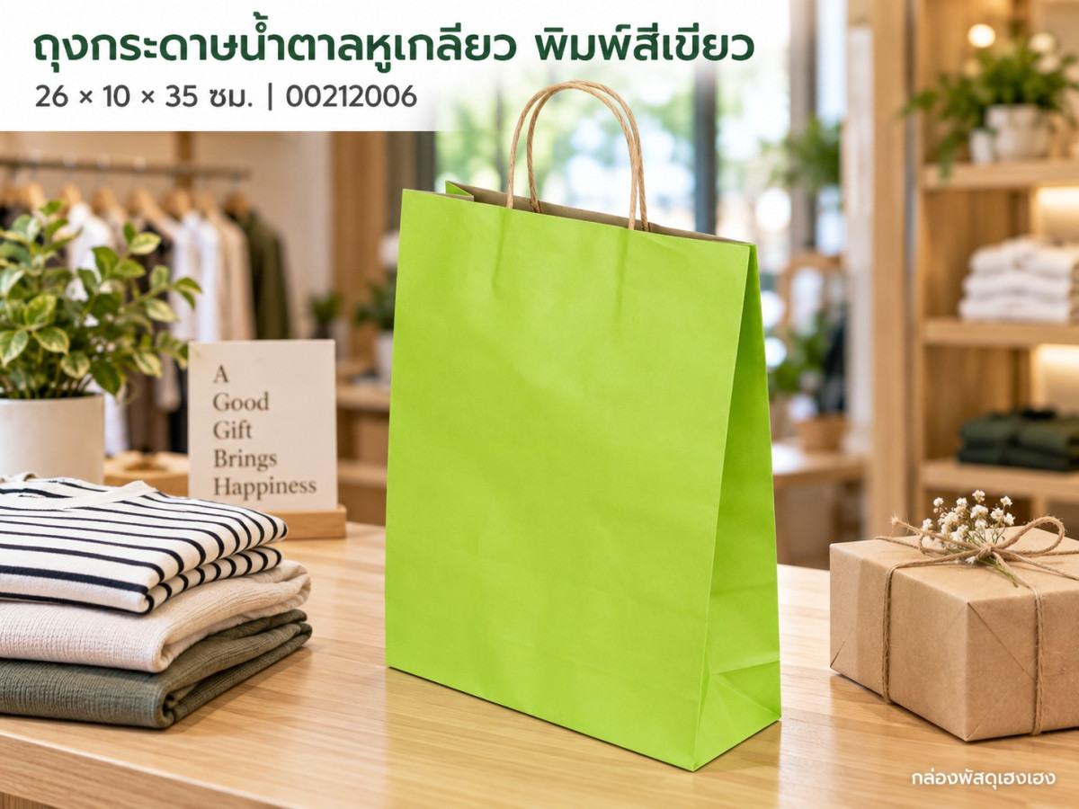 ถุงกระดาษน้ำตาลหูเกลียว พิมพ์สีเขียว 26x10x35 ซม.