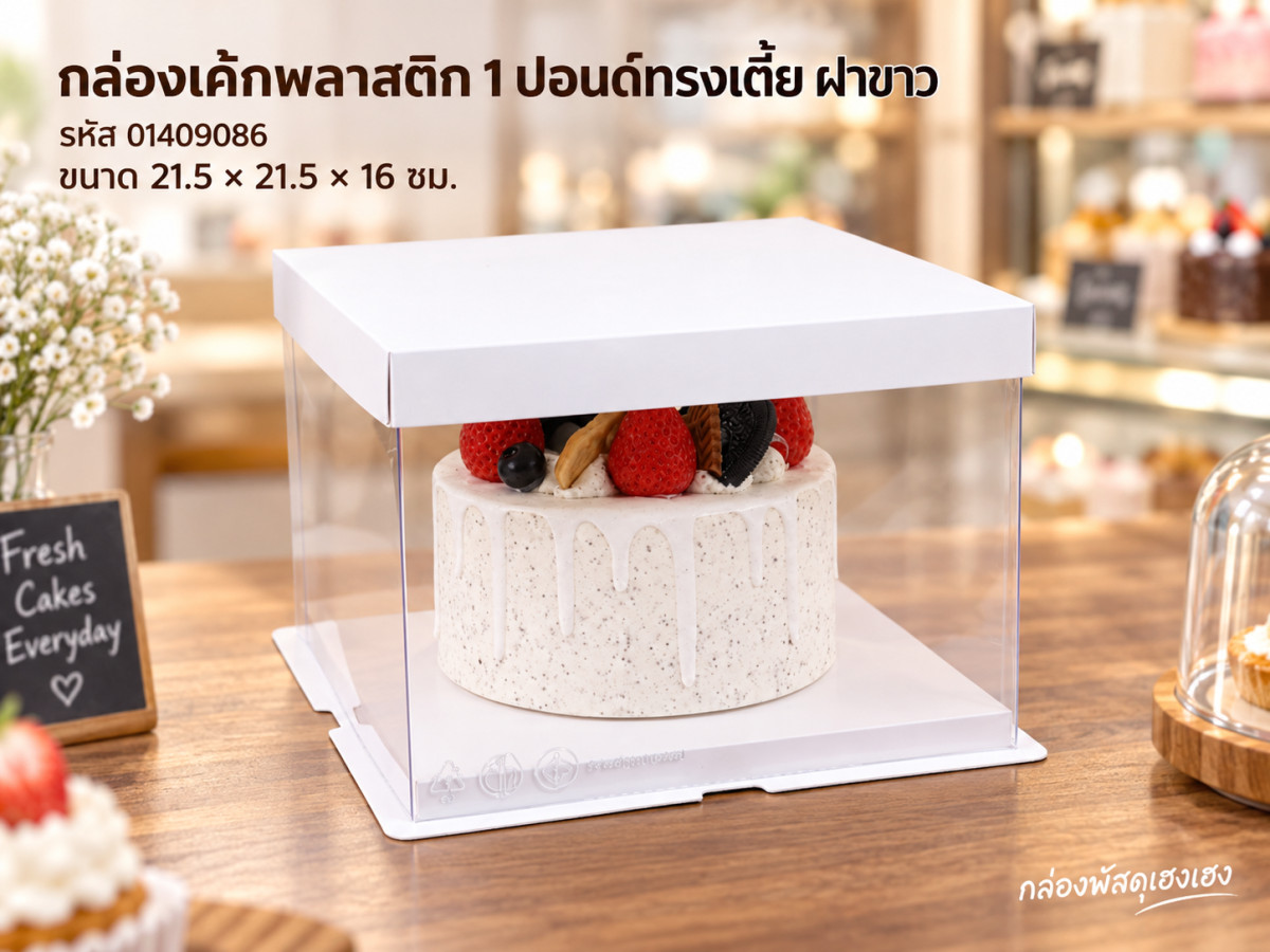 กล่องเค้กพลาสติก 1 ปอนด์ทรงเตี้ย ฝาขาว ขนาด 21.5x21.5x16 ซม.