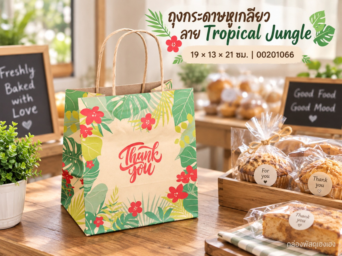 ถุงกระดาษหูเกลียว ลาย Tropical Jungle 19x13x21 ซม.