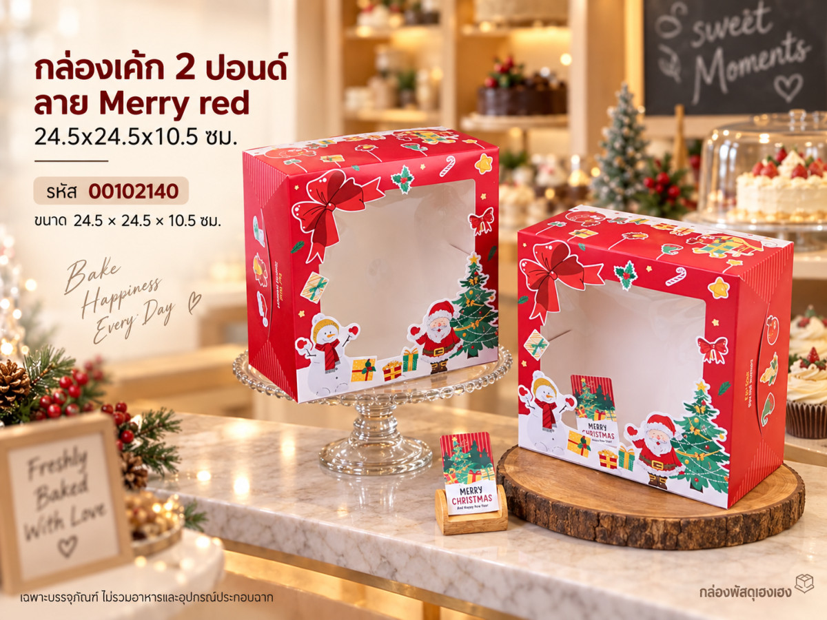 กล่องเค้ก 2 ปอนด์ ลาย Merry red 24.5x24.5x10.5 ซม.