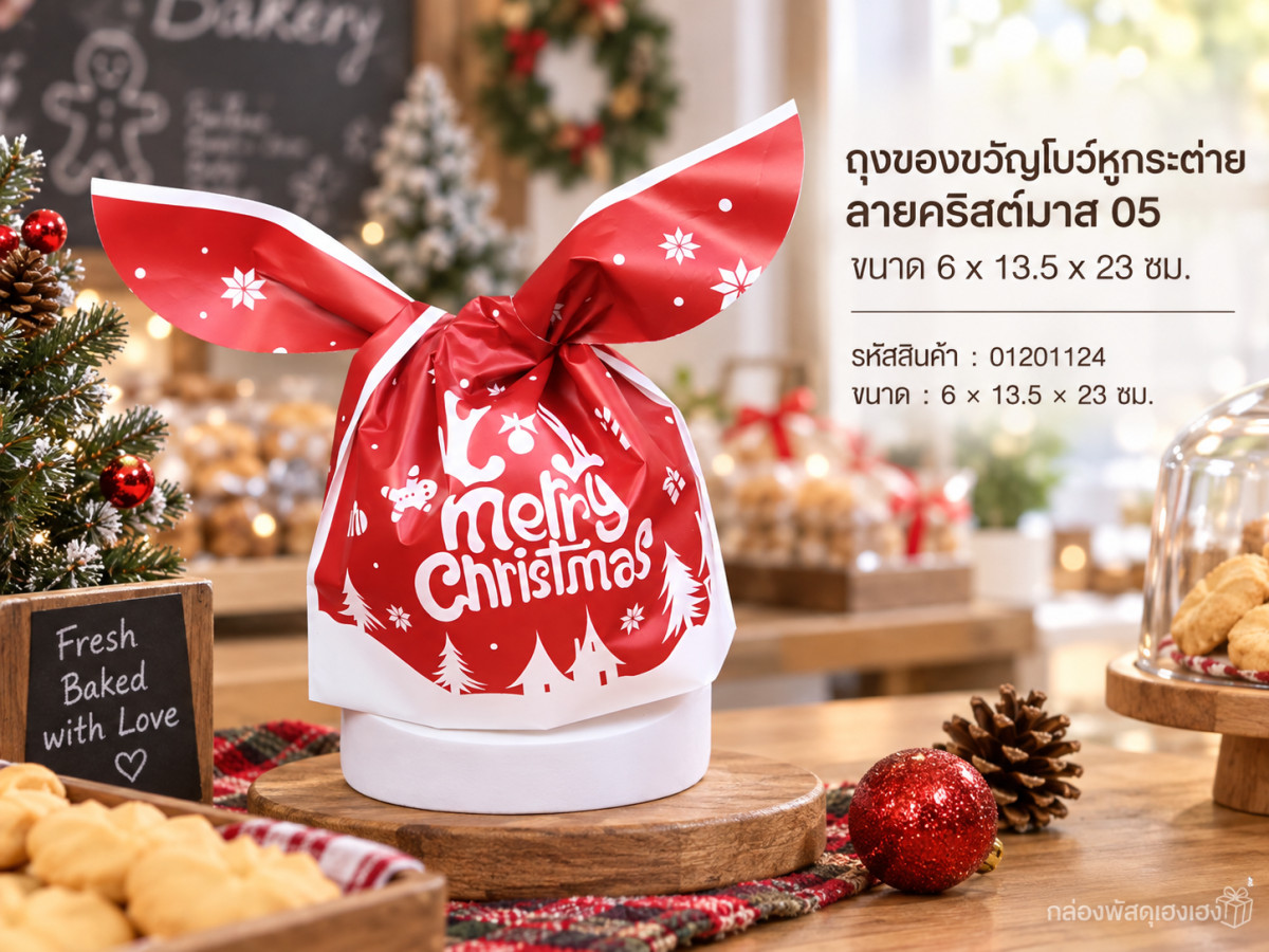 ถุงของขวัญโบว์หูกระต่าย ลายคริสต์มาส 05 ขนาด 6 x 13.5 x 23 ซม.
