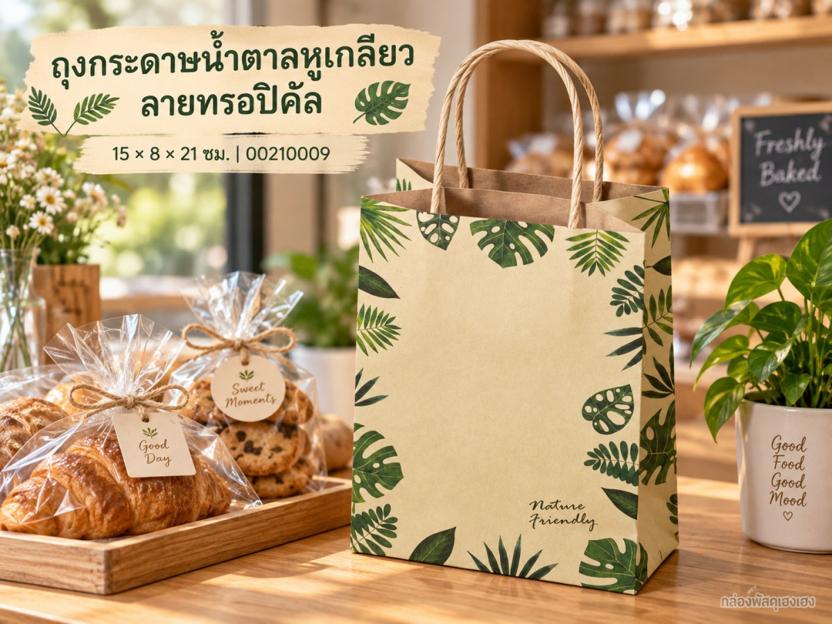 ถุงกระดาษน้ำตาลหูเกลียว ลายทรอปิคัล 15x8x21 ซม.
