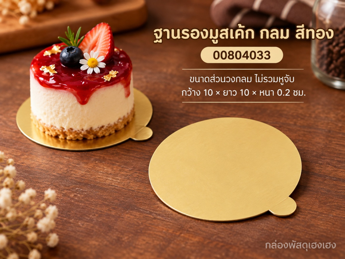ฐานรองมูสเค้ก กลม สีทอง ขนาดส่วนวงกลม ไม่รวมหูจับ 10x10x0.2 ซม.