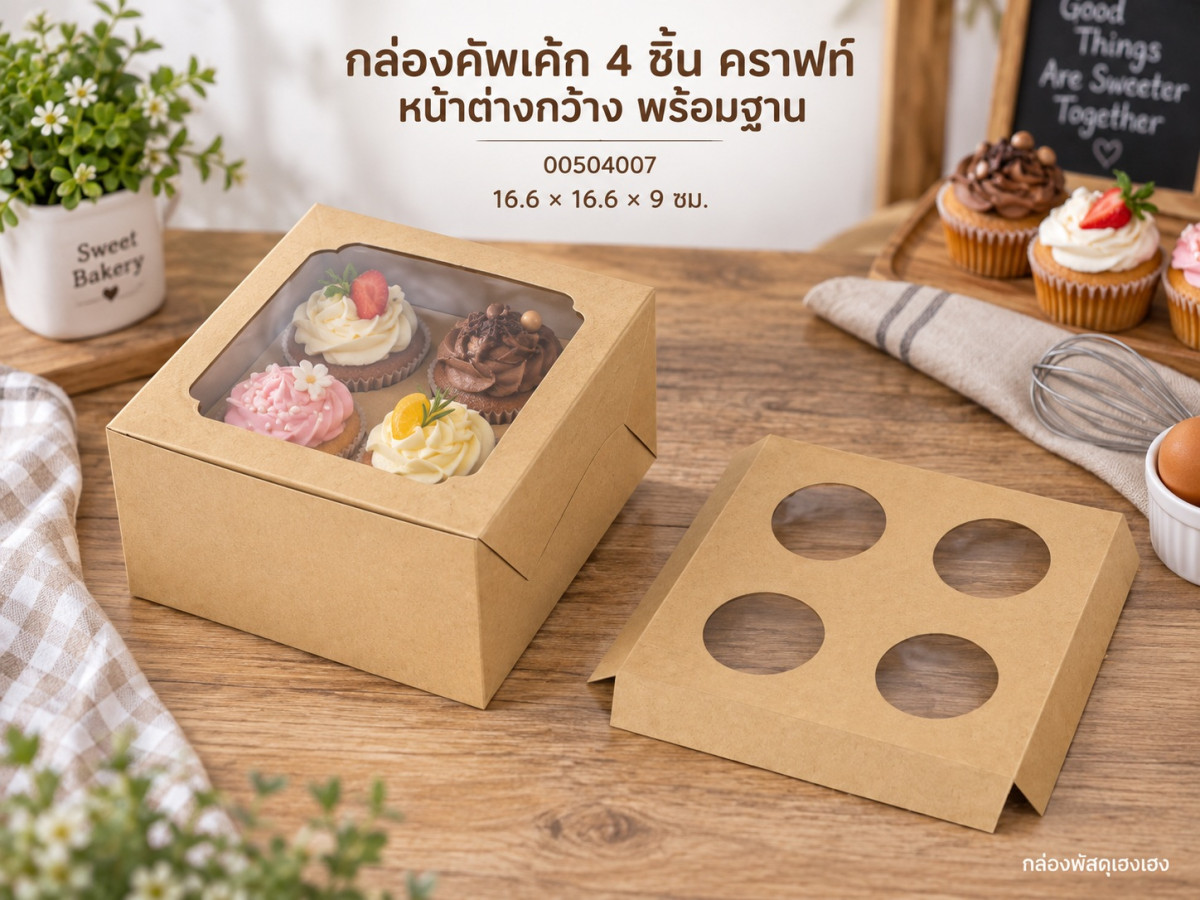 กล่องคัพเค้ก 4 ชิ้น คราฟท์ หน้าต่างกว้าง พร้อมฐาน 16.6x16.6x9 ซม.