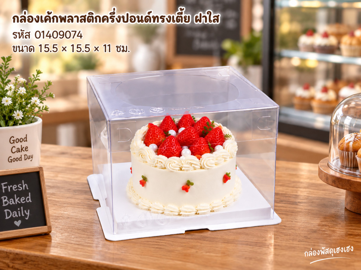 กล่องเค้กพลาสติก ครึ่งปอนด์ทรงเตี้ย ฝาใส ขนาด 15.5x15.5x11 ซม.