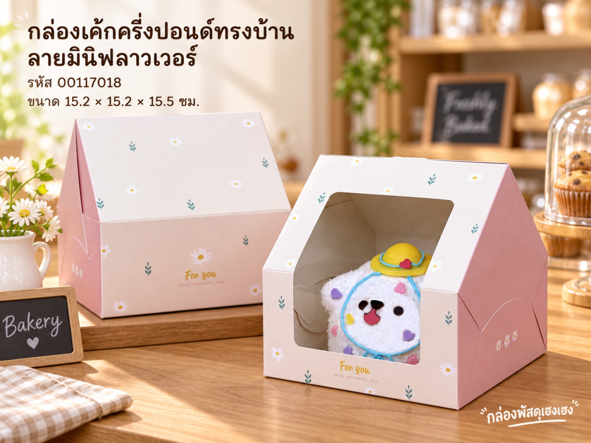 กล่องเค้กครึ่งปอนด์ทรงบ้าน ลายมินิฟลาวเวอร์ 15.2x15.2x15.5ซม.