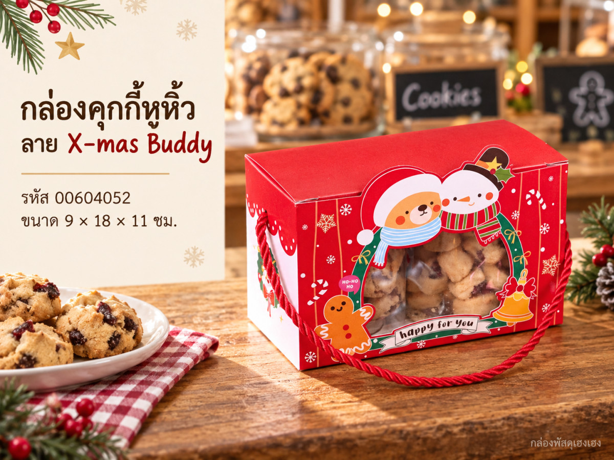 กล่องคุกกี้หูหิ้ว ลาย X-mas buddy 9x18x11 ซม.