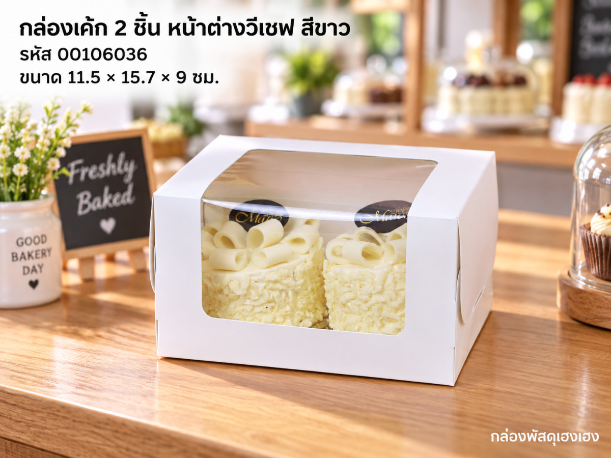 กล่องเค้ก 2 ชิ้น หน้าต่างวีเชฟ สีขาว 11.5x15.7x9 ซม