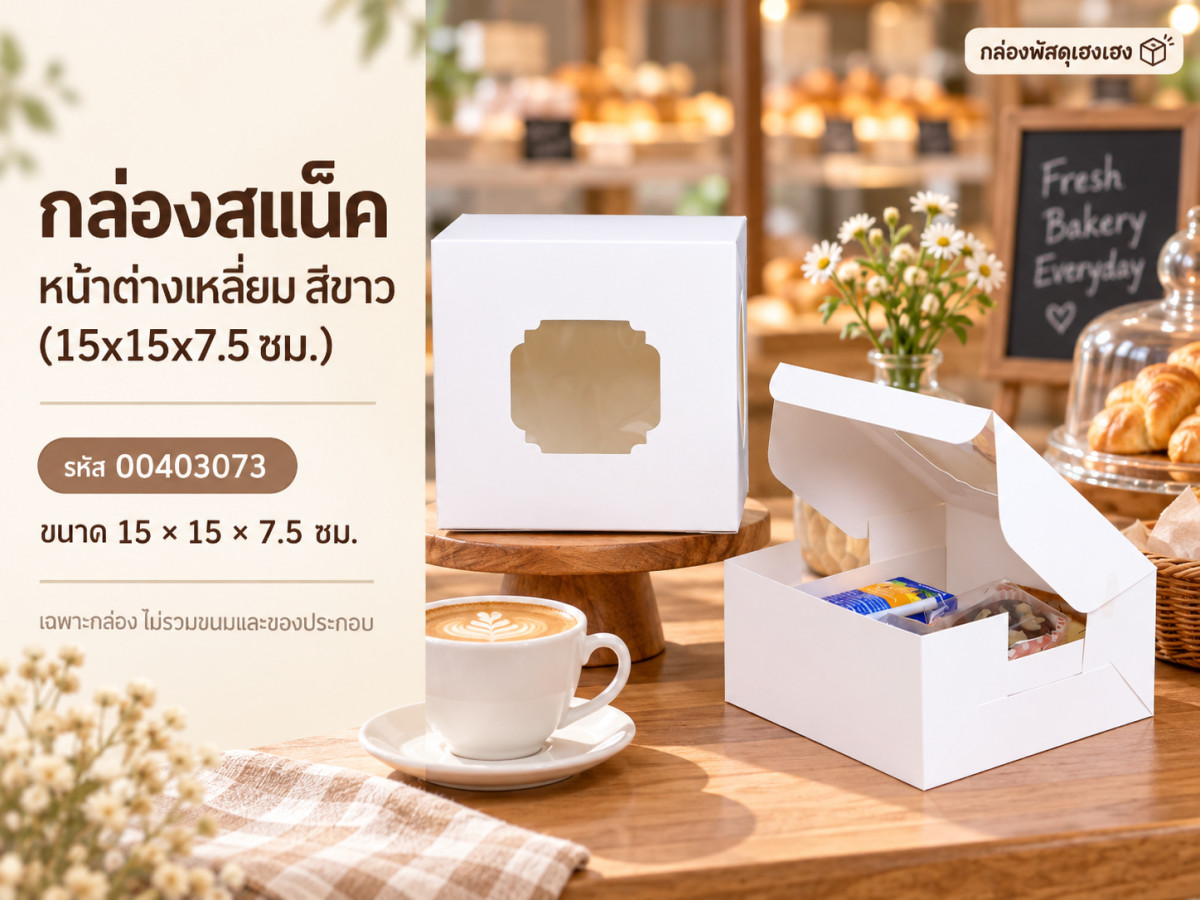กล่องสแน็ค หน้าต่างเหลี่ยม สีขาว (15x15x7.5 ซม.)