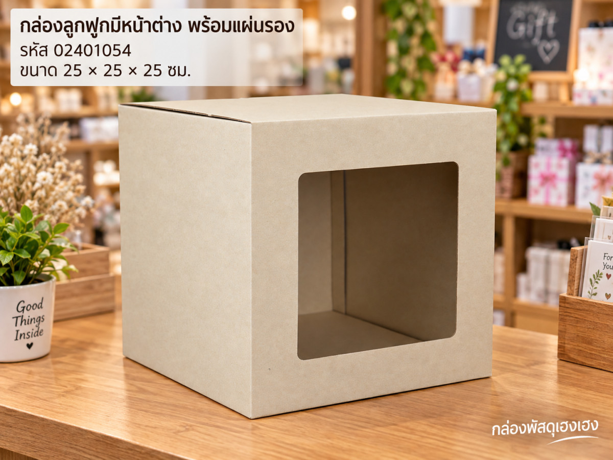 กล่องลูกฟูกพรีเมี่ยมมีหน้าต่าง 25x25x25 cm. (พร้อมแผ่นรอง)