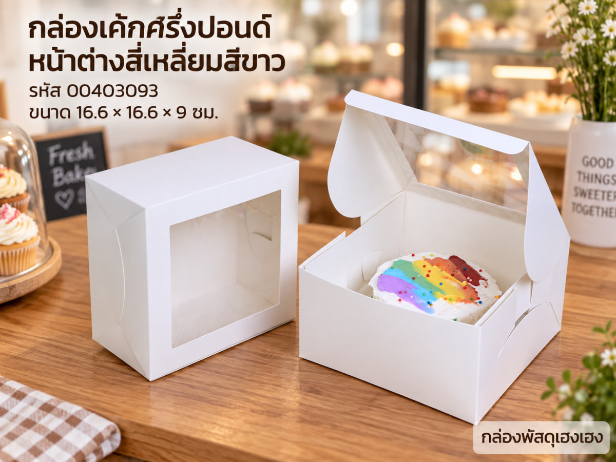 กล่องเค้กครึ่งปอนด์ หน้าต่างสี่เหลี่ยมสีขาว (16.6x16.6x9 ซม.)