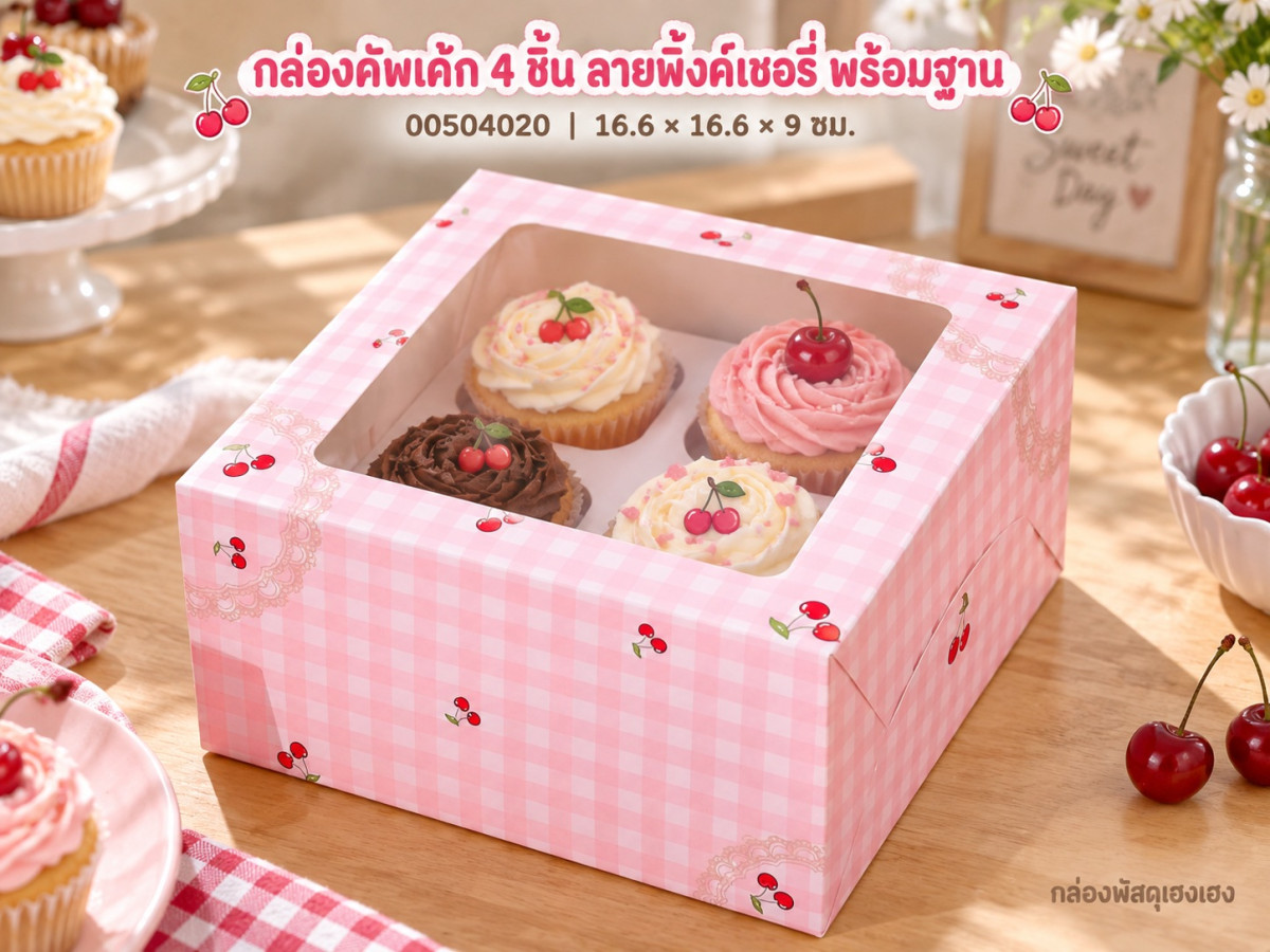 กล่องคัพเค้ก 4 ชิ้น พร้อมฐาน ลายพิ้งค์เชอรี่ 16.6x16.6x9 ซม.