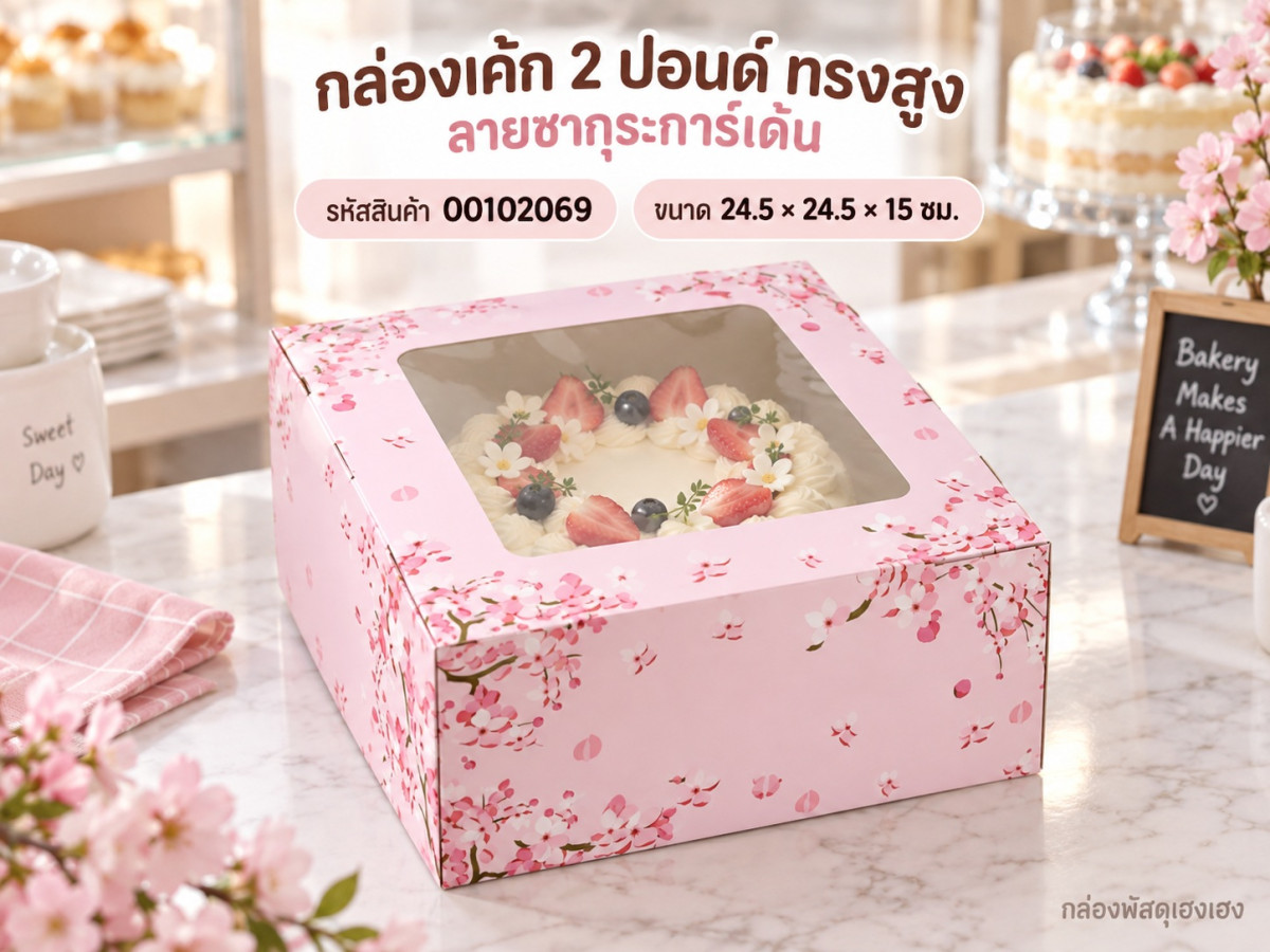 กล่องเค้ก 2 ปอนด์ ทรงสูง ลายซากุระการ์เด้น 24.5x24.5x15 ซม.
