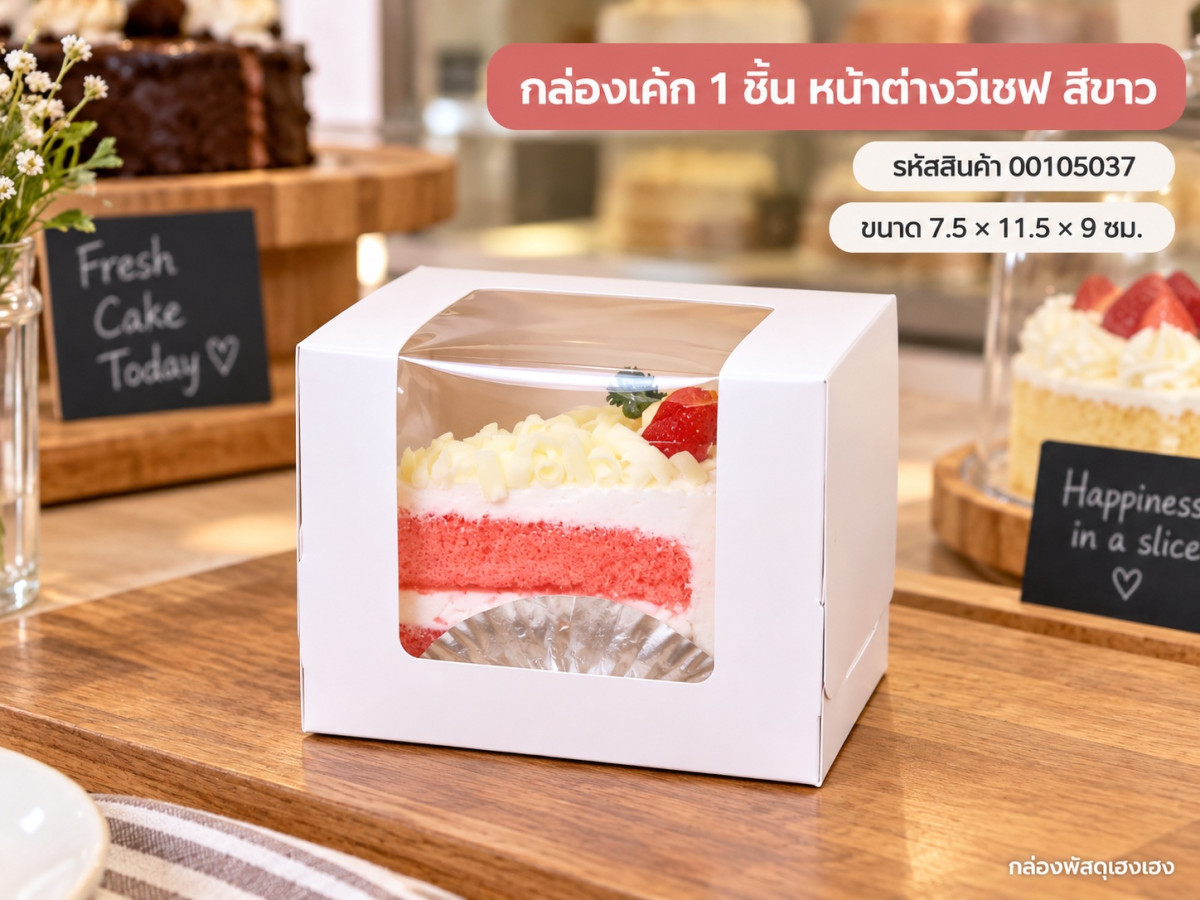 กล่องเค้ก 1 ชิ้น หน้าต่างวีเชฟ สีขาว 7.5x11.5x9 ซม.