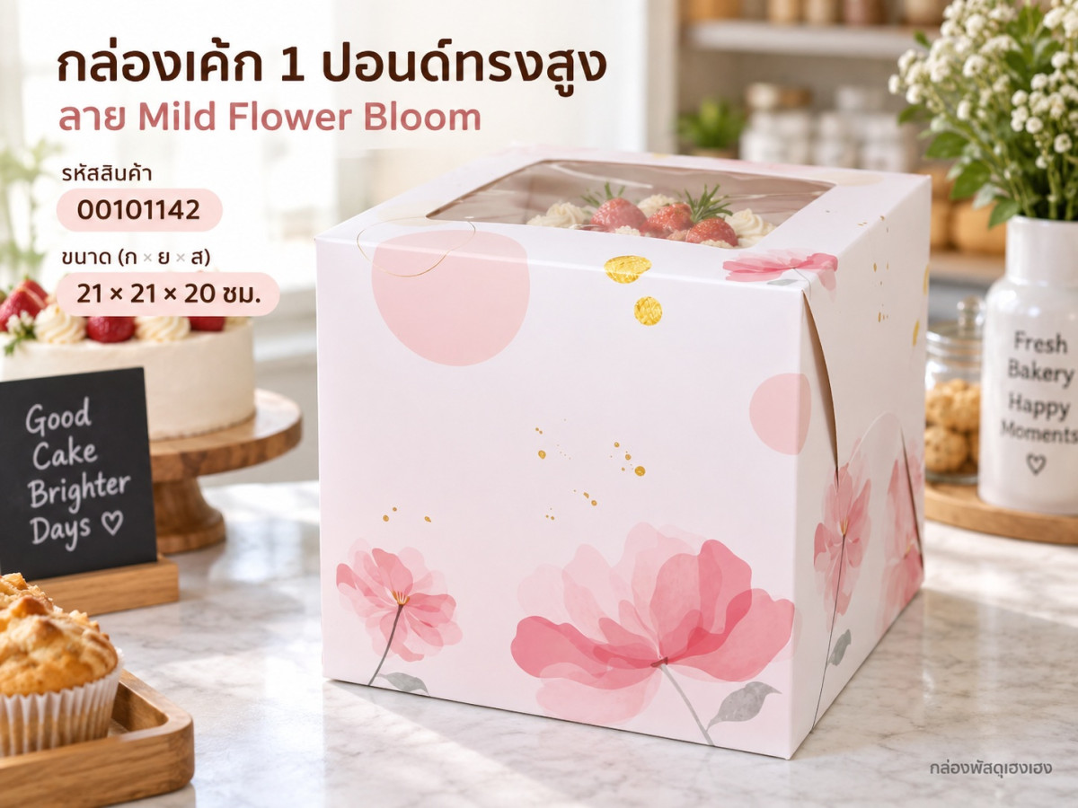 กล่องเค้ก 1 ปอนด์ทรงสูง ลาย Mild Flower Bloom 21x21x20 ซม.